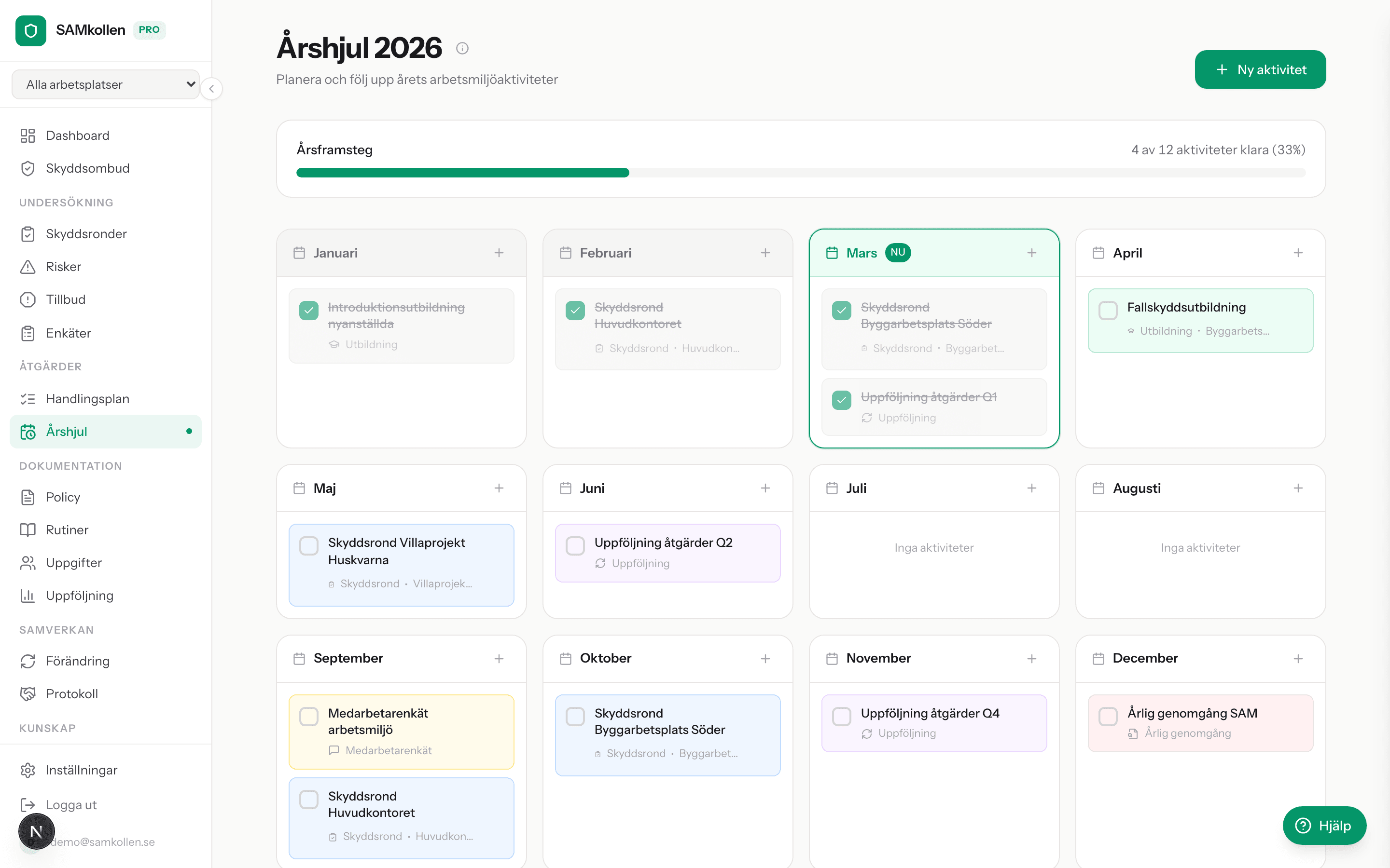 Årshjul 2026 med skyddsronder, utbildningar och uppföljningar planerade per månad