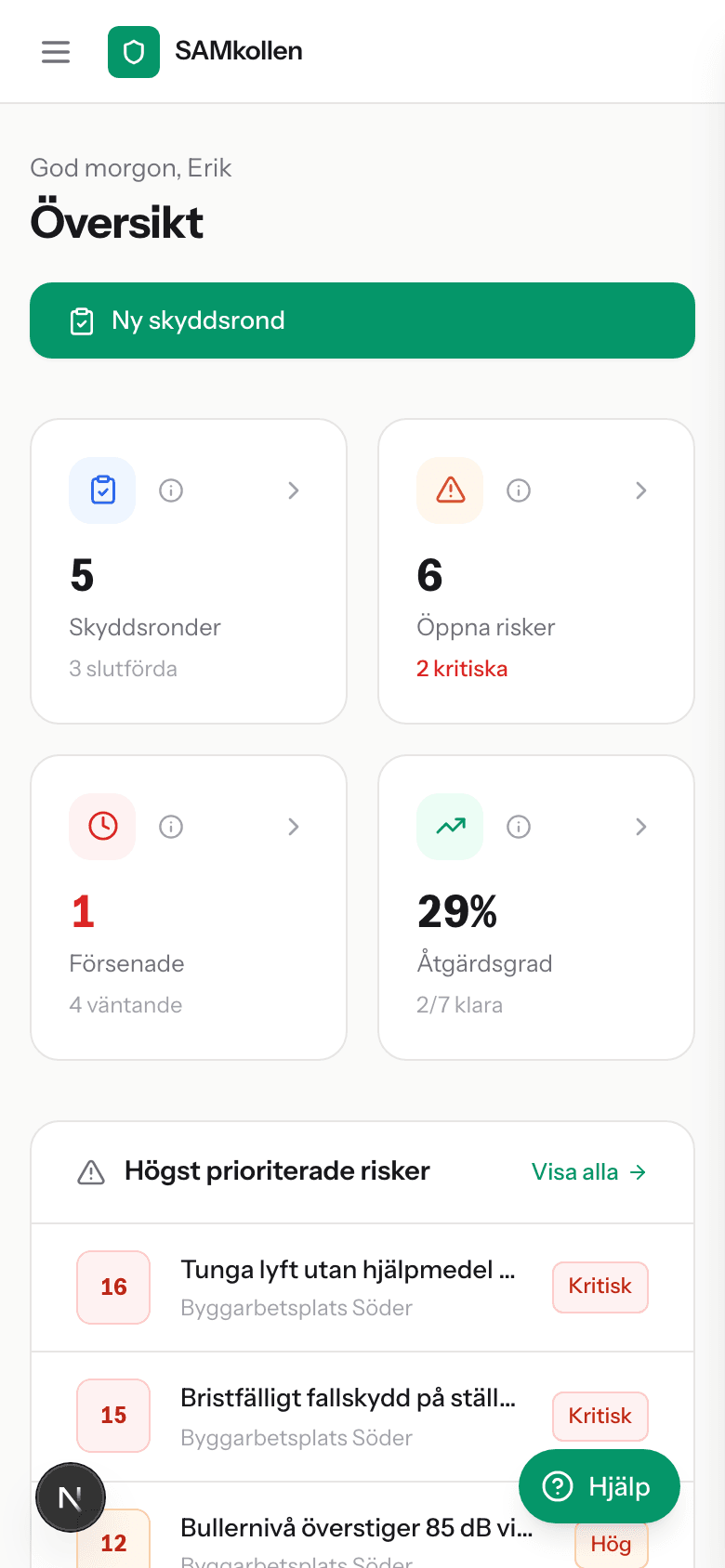 SAMkollen på mobilen — översiktssida med risker och åtgärder