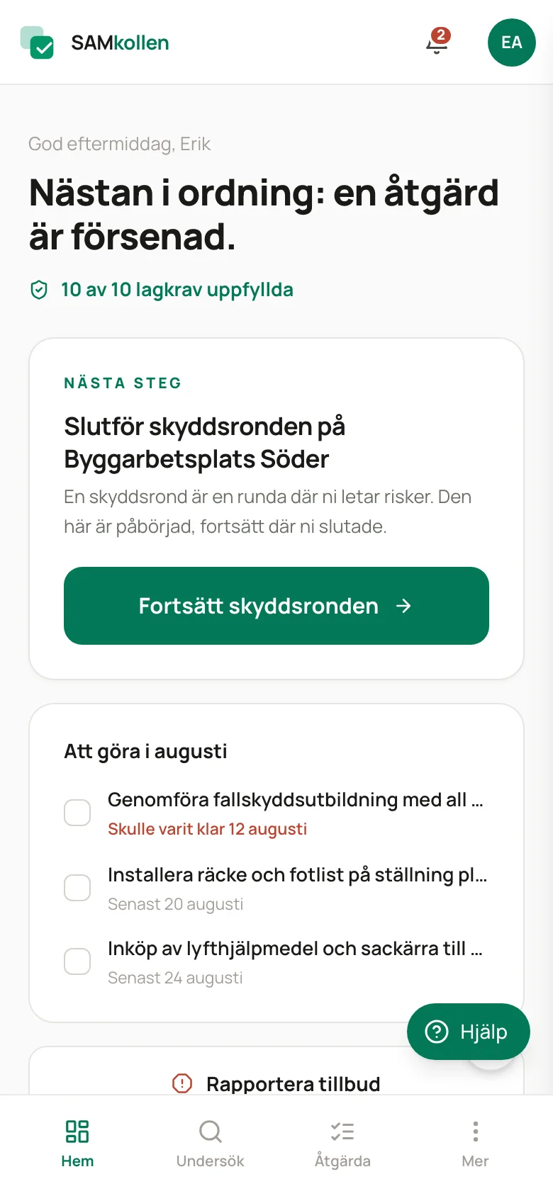 SAMkollen på mobilen med dagens åtgärder och pågående skyddsronder