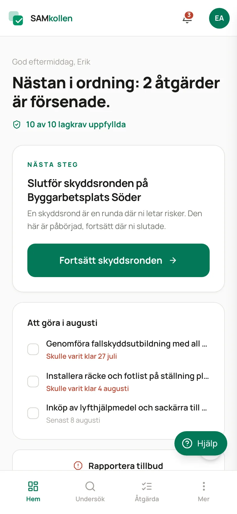 SAMkollen på mobilen, översiktssida med risker och åtgärder