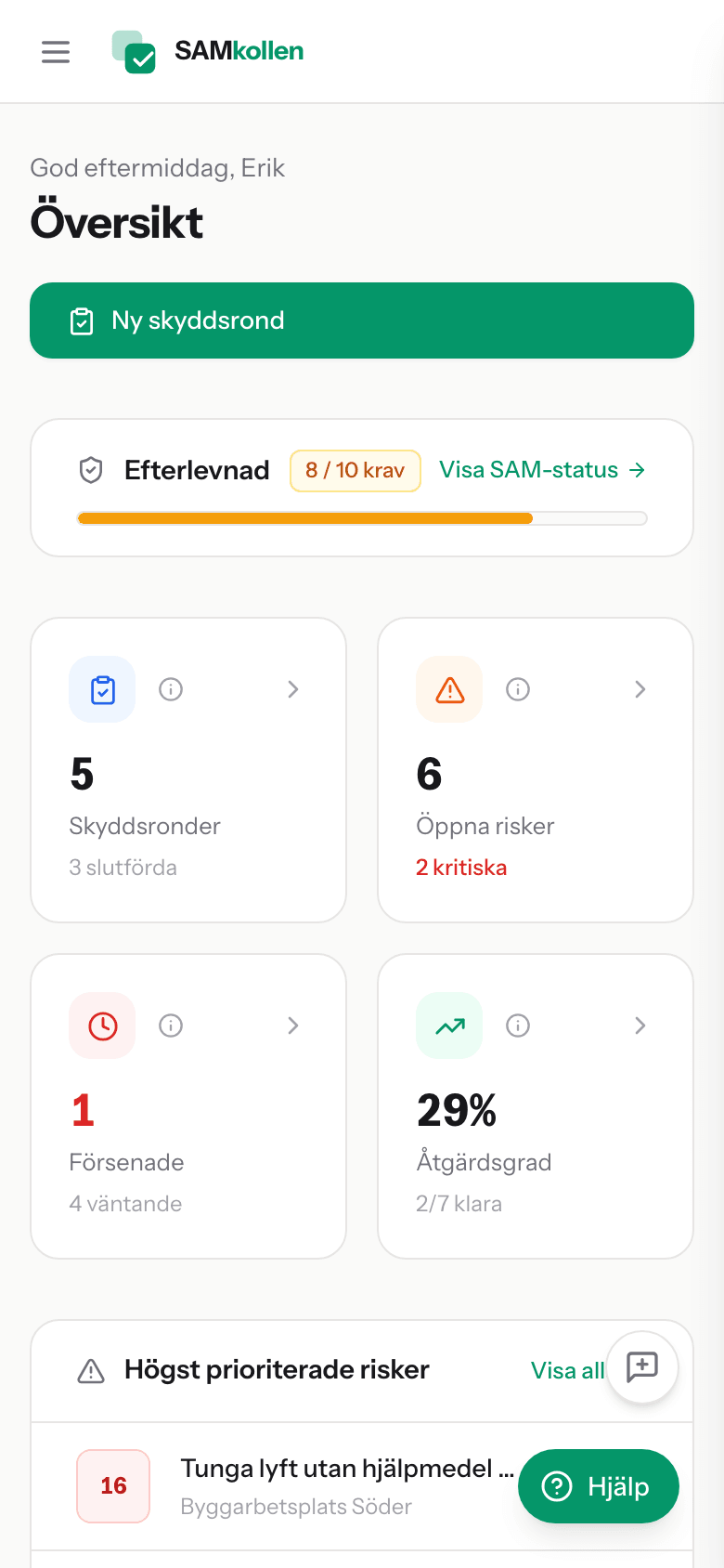 SAMkollen på mobilen — översiktssida med risker och åtgärder