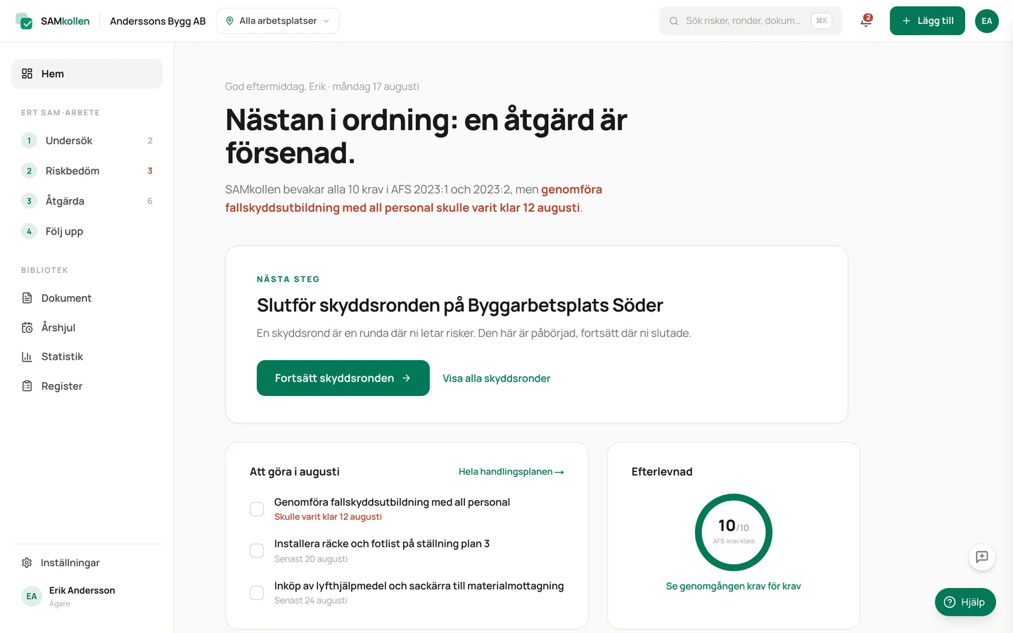 SAMkollens översikt med risksammanfattning, senaste skyddsronder och pågående åtgärder
