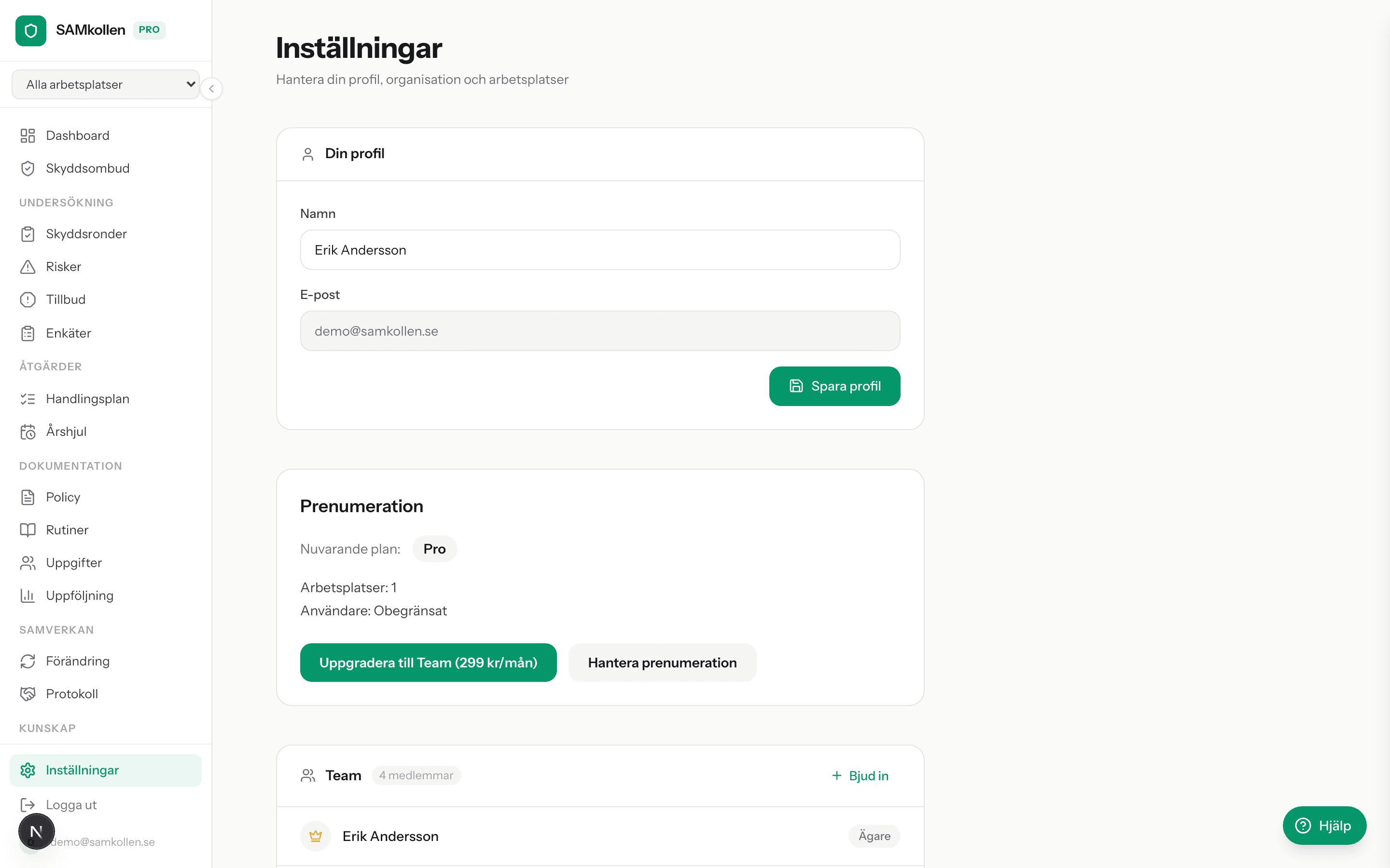Inställningssida med teammedlemmar, arbetsplatser och notifieringsinställningar