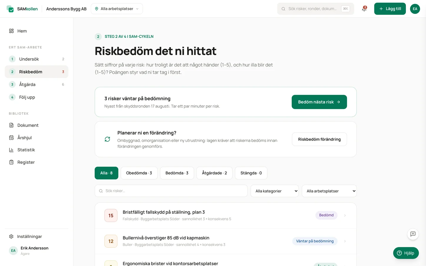 Risklistan i SAMkollen med poäng, status och ansvarig per rad