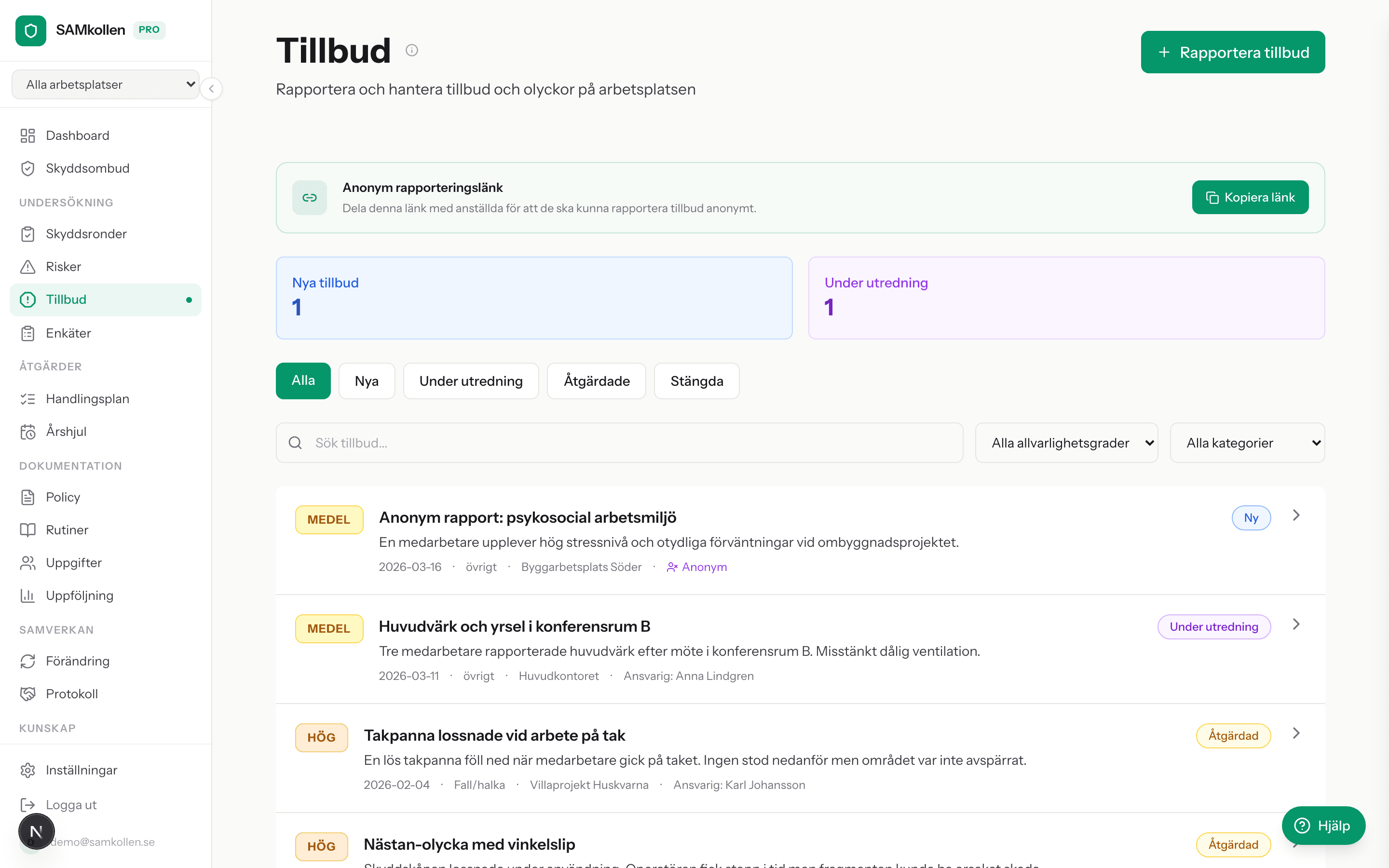 Tillbudslista med allvarlighetsgrad, status och trendgraf för senaste 12 månaderna