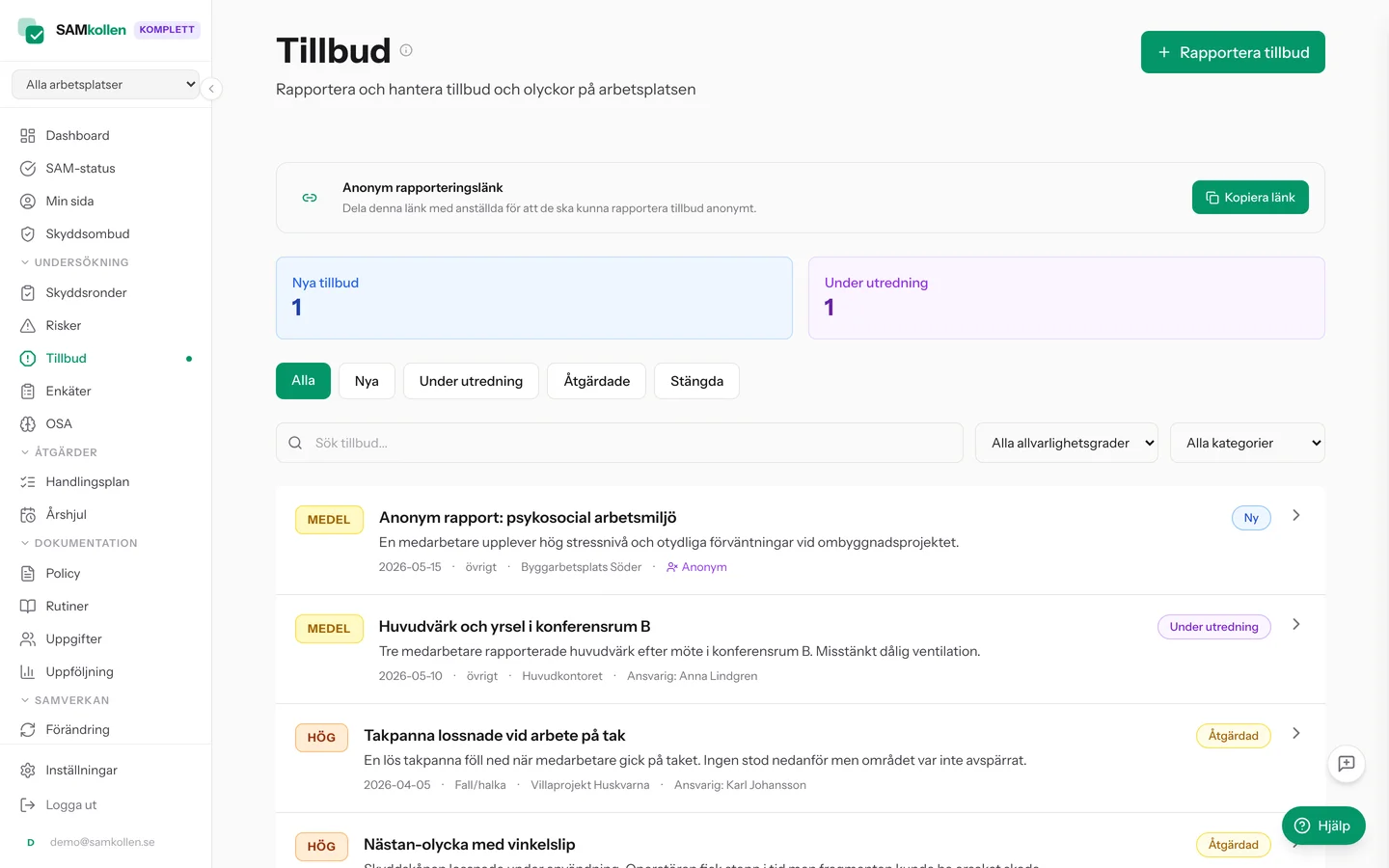 Tillbudsrapportering i SAMkollen med incidentlista och trendgraf
