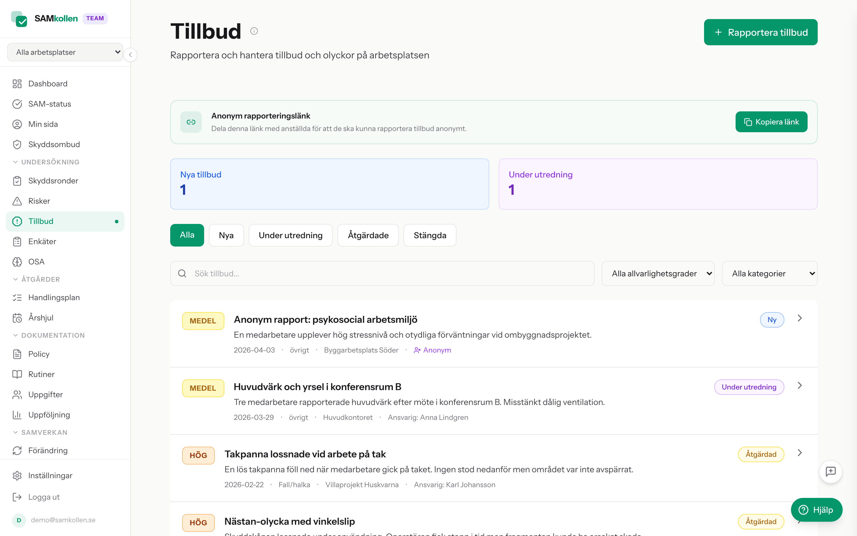 Tillbudsrapportering i SAMkollen med incidentlista och trendgraf